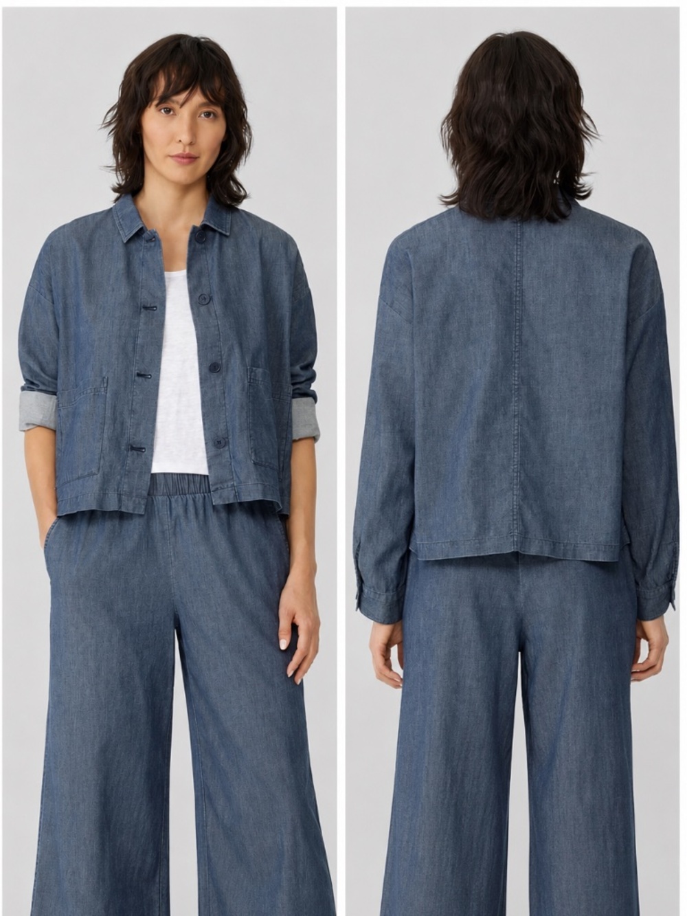 Eileen Fisher‎ Denim Classic Collar Jacket Organic Cotton Boxy Relaxed Blue SP